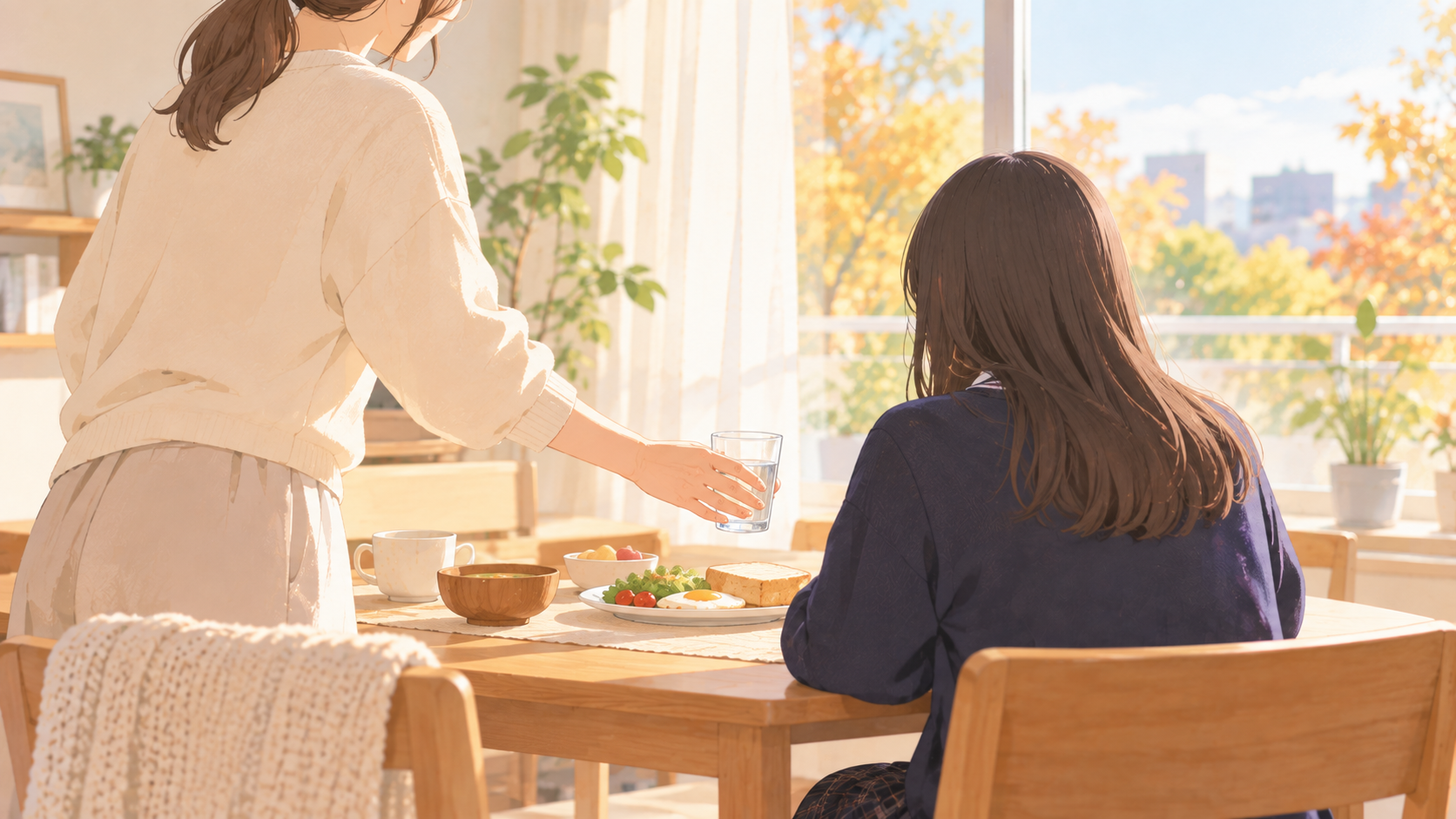 朝の食卓で、保護者が高校生にそっと水の入ったコップを渡しているイメージ