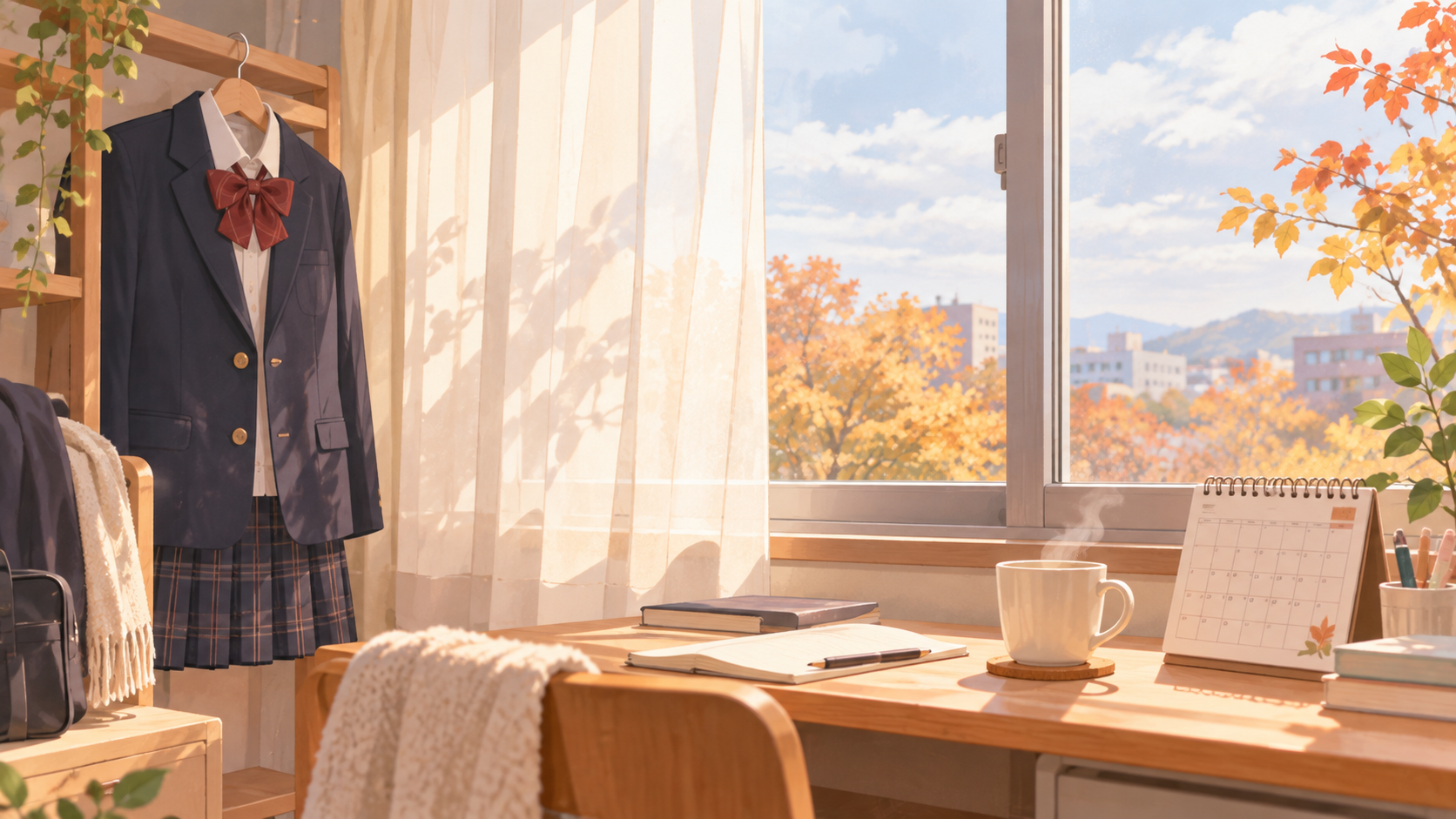 秋の日差しが入る部屋の窓辺。ハンガーに制服がかかっているイメージ