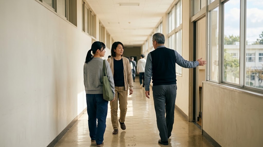 明るい校舎の廊下を、高校生と保護者が学校の職員と並んで歩いて見学している様子(Japanese)