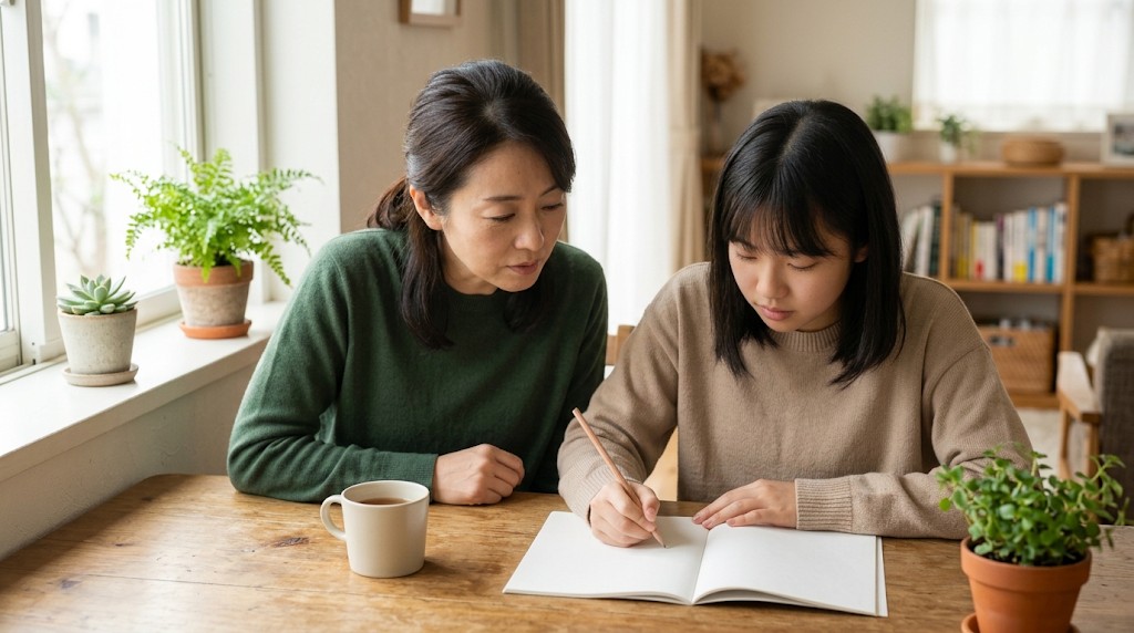 自宅のリビングで、高校生と保護者が並んで座り、何も印刷されていないノートに聞くことを書き出している様子(Japanese)