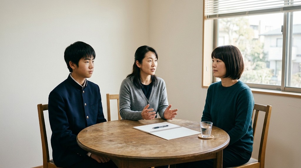 相談室で、学校の職員と高校生・保護者が同じ側に並んで座り、落ち着いて話している様子(Japanese)