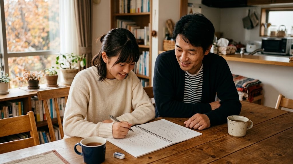 秋のダイニングテーブルで、父親と高校1年生の娘が並び、ノートのチェック欄に書き込んでいる