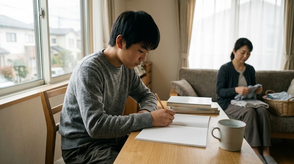 窓辺の机でノートに書き込む高校生と、奥のソファで洗濯物をたたむ母親