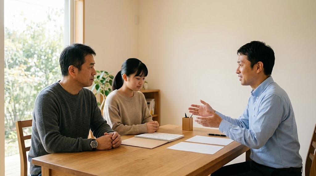 明るい相談室のテーブルで、父親と高校生の娘が職員の説明を聞いている
