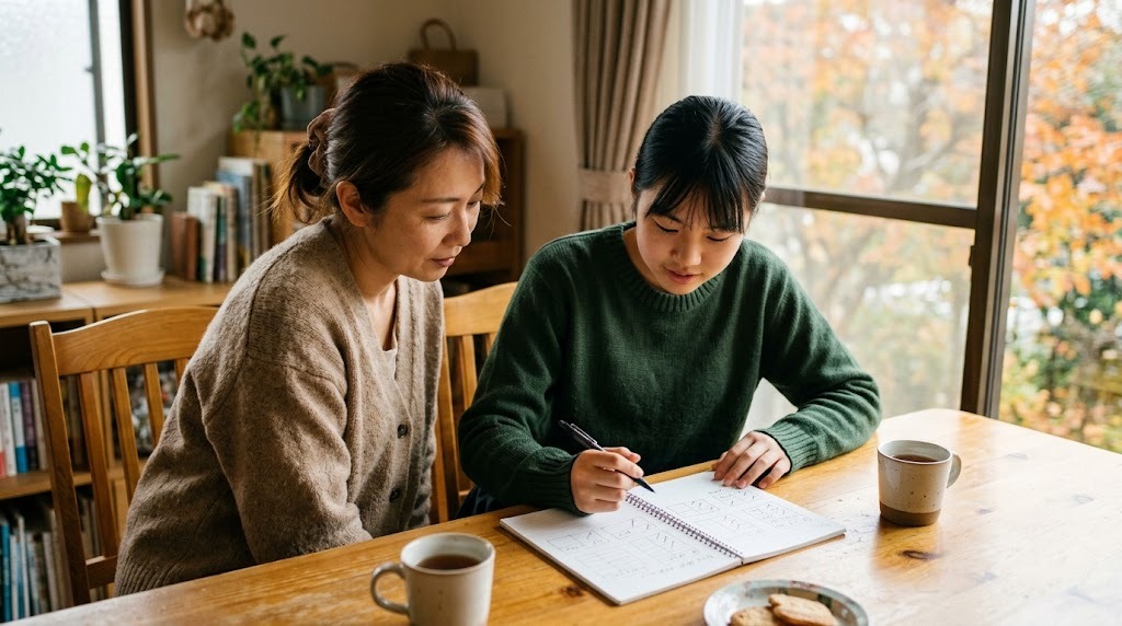 秋のダイニングテーブルで、母親と高校生の娘が並び、ノートのチェック欄に書き込んでいる