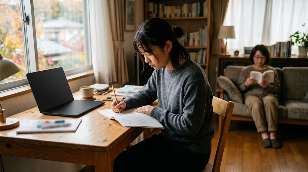 窓辺の机でノートに書き込む高校生と、奥のソファで本を読む保護者