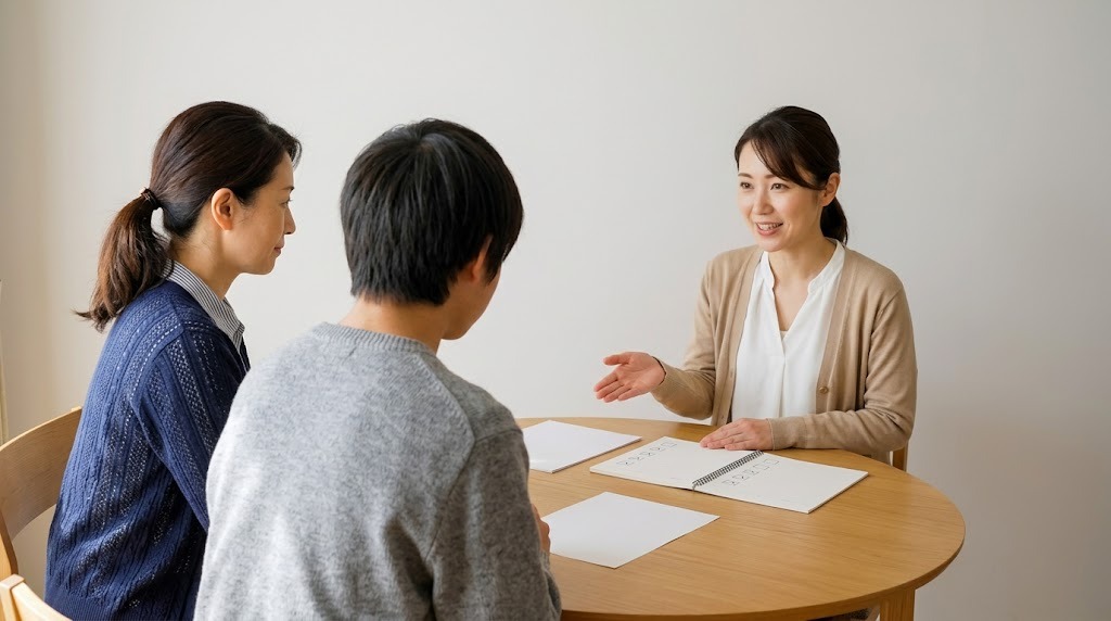 明るい相談室の丸いテーブルで、母親と高校生が職員の説明を聞いている後ろ姿