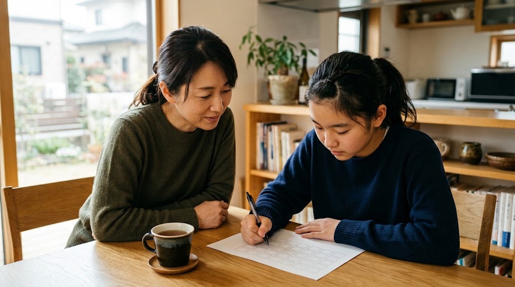 ダイニングテーブルで、高校生の娘がマス目の紙にペンで書き、隣で母親が見守っている