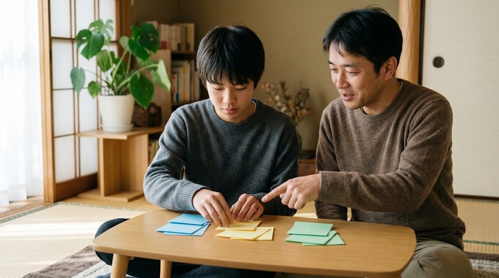 リビングの低いテーブルで、父親と高校生の息子が色付きの紙のメモを3つのまとまりに分けている