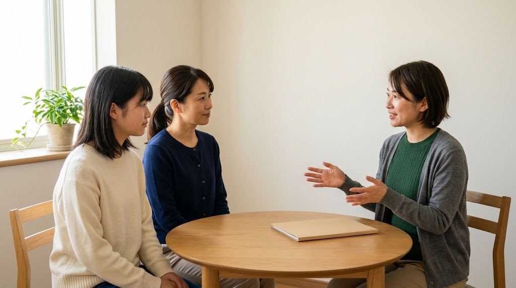 明るい相談室の丸いテーブルで、生徒と母親が先生の説明を聞いている