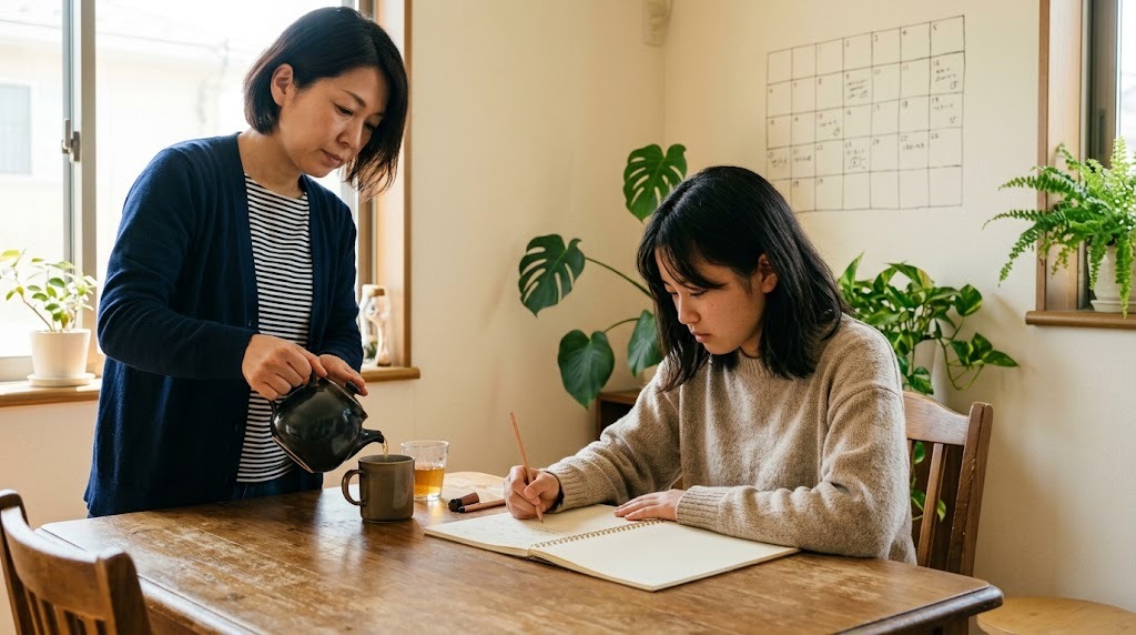 朝のダイニングテーブルでノートに書き込む高校生と、そばでお茶をいれる母親。壁に手書きの予定表がある