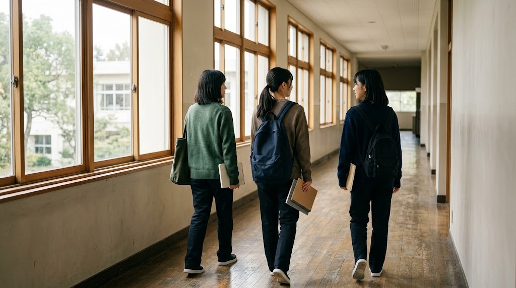 明るい学校の廊下を、ノートを持った3人の生徒が並んで歩いている後ろ姿