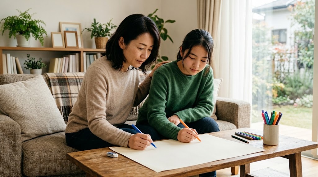 リビングのソファで、母親と高校生が並んで大きな紙に1週間の予定を書いている