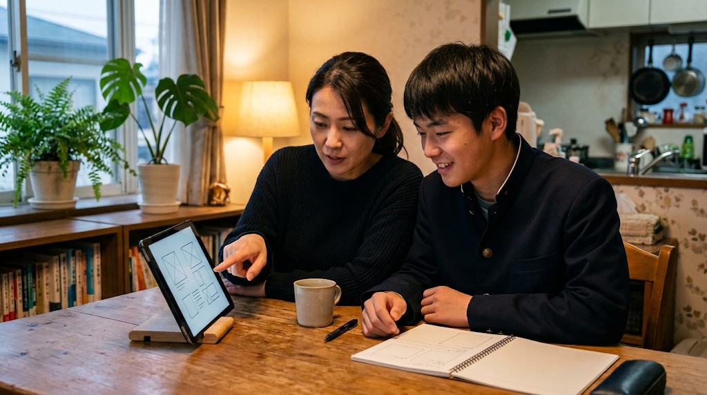 自宅のダイニングで、通信制高校の特別活動の決まりをタブレットで一緒に確かめる高校生と保護者(Japanese)