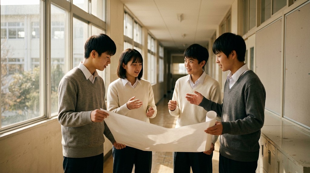 明るい廊下で、白紙の紙を広げて学校行事の計画を話し合う4人の高校生(Japanese)
