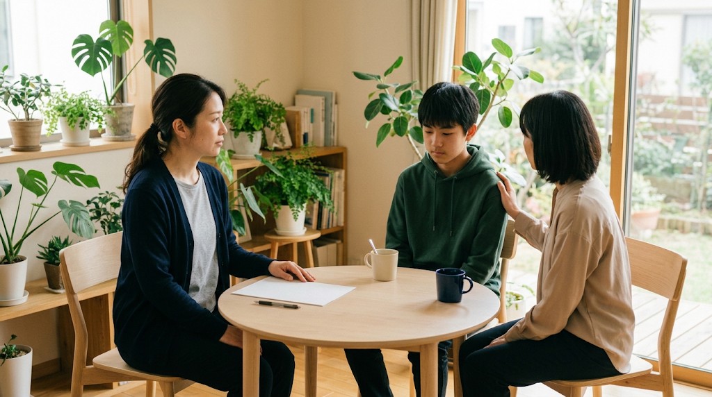 相談室の丸いテーブルで、スタッフに参加が難しい事情を伝える高校生と保護者(Japanese)