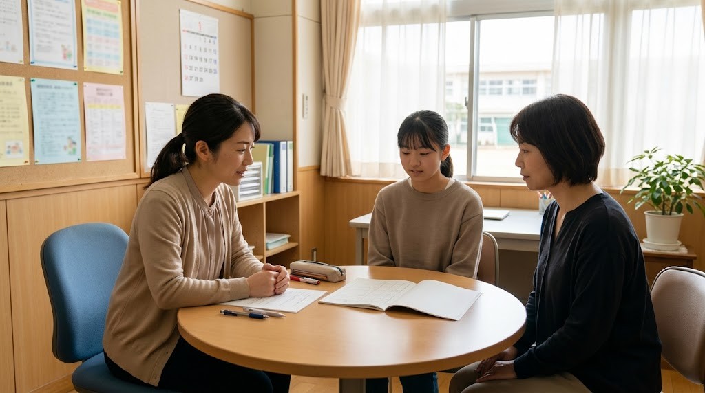 学校の相談室で、女性の先生が高校生の娘と母親と一緒にノートを見ながら話している