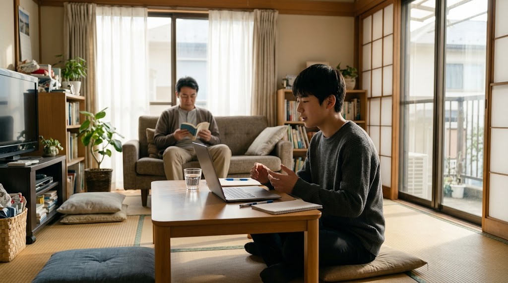 居間の低いテーブルでノートパソコンのビデオ通話をする高校生と、後ろのソファで本を読む父親