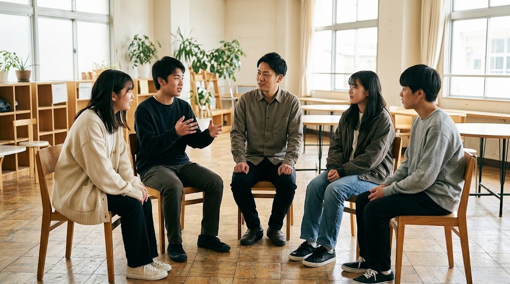 明るい学習スペースで輪になって座り、若い男性の先生と話す4人の高校生